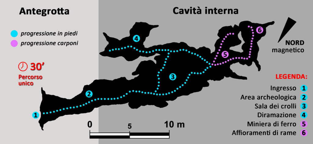Planimetria schematica di Grotta del Tesauro con indicazione dei percorsi visitabili e dei settori ipogei d'interesse.